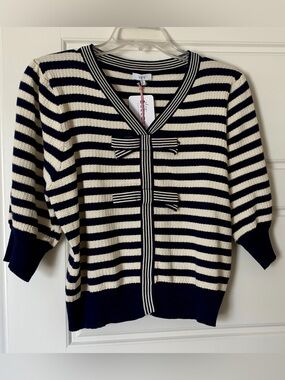 NWT Voy Navy & White Cardigan with Bow Front Sz L